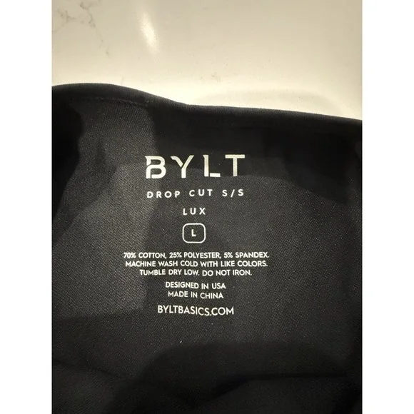 BYLT Shirt Mens Large Black T-Shirt Drop Cut Grey Polka Dot Lux Stretch Gym - Picture 5 of 8